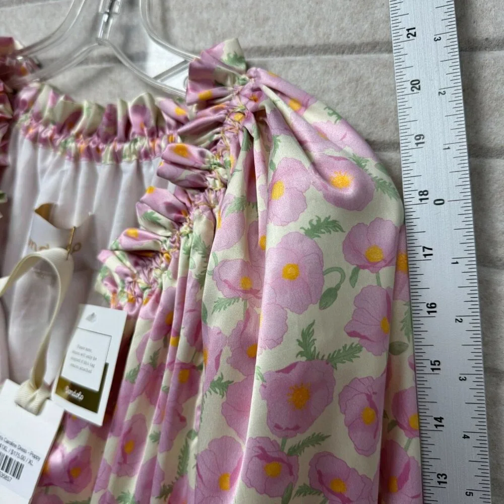 Dondolo Caroline NWT Satin Midi Dress Puff Sleeve Ruffle Floral Women Pink - Picture 16 of 16